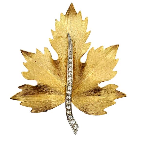 Park Lane Maple Leaf Brooch Clear Pave Crystals Brushed Gold Tone Pin Vintage - Picture 1 of 6